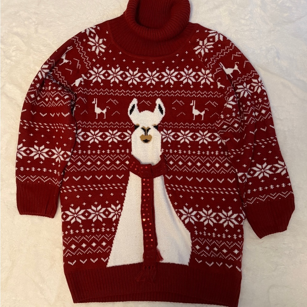 Women’s Red Llama Christmas Sweater Dress Fair Isle Size Large